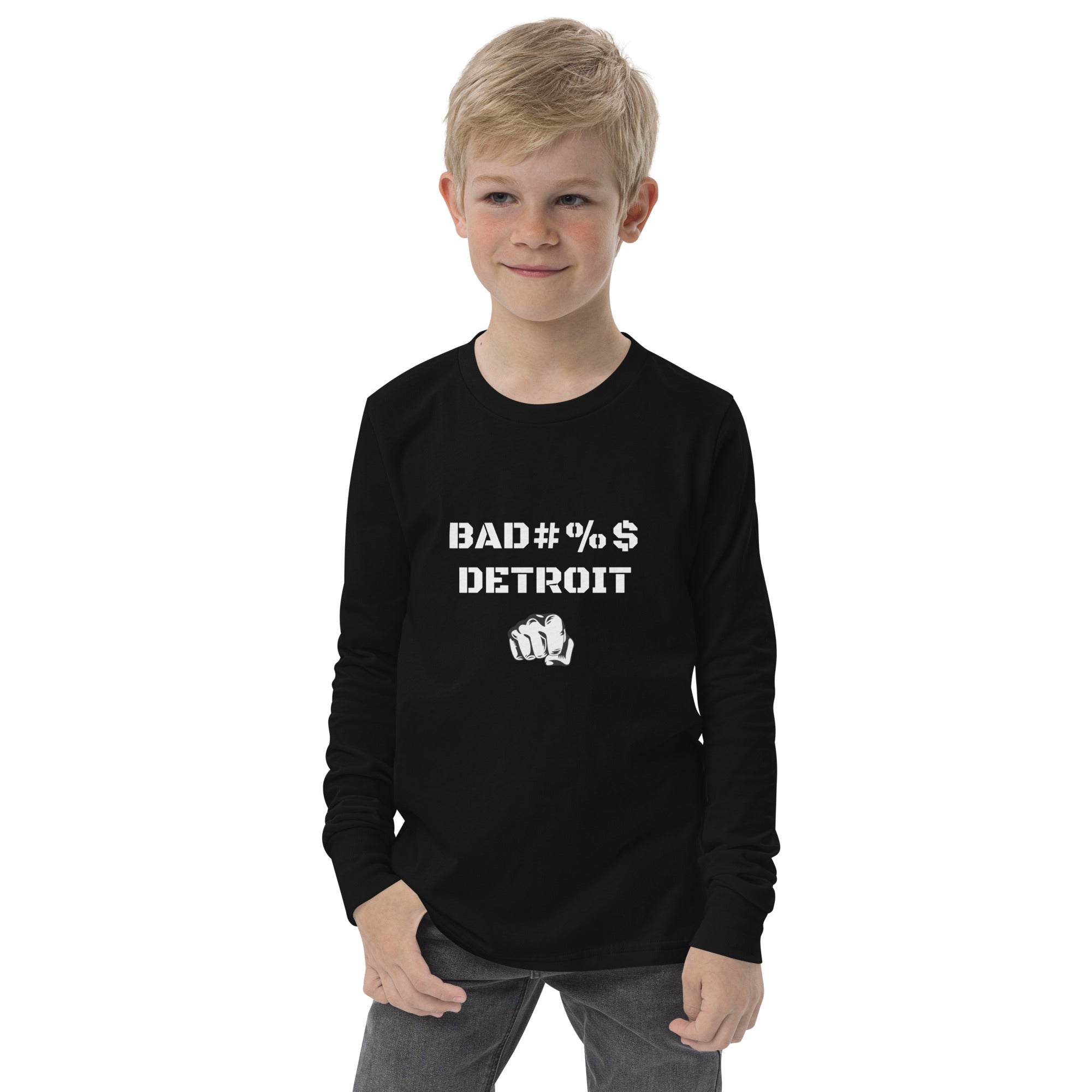 Youth BAD#%$ Long Sleeve Tee-White Accent-Clean Version - BADASS DETROIT